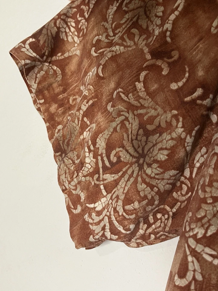 Рубашка Luau взрослая очень большая коричневая с цветочным рисунком гавайская тончайшая шелковая на пуговицах мужская - Изображение 4 из 4