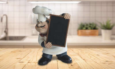 11''H Chef Holding Chalkboard Menu Blackboard Statue Kitchen Figurine Room Decor