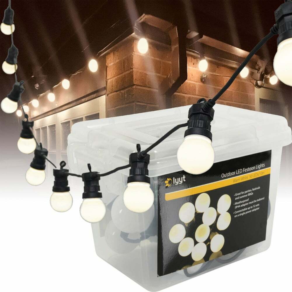 10 Warm White LED Festoon Garden String Lights Globe