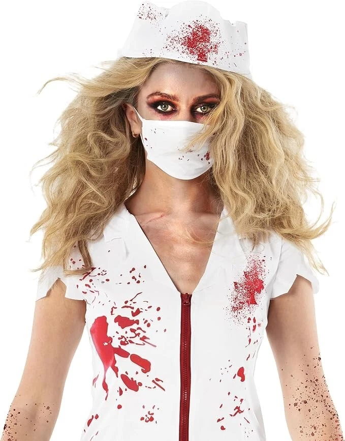 Mujer Terror Zombie Enfermera Disfraz Sombrero Máscara Terror Terror Terror Uniforme Vestido Halloween Foto 2 de 4