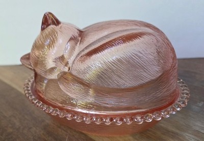 RARE Indiana Glass Confections Kitten Cat Sleeping Candy Pink Dish Trinket Bowl