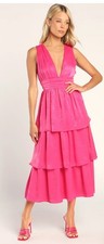 Lulus Hot Pink Tiered Halter Midi Dress Size L NWT • Textured Woven • Wedding