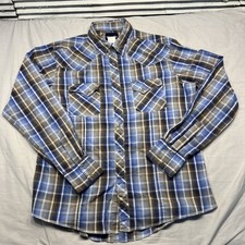 Vintage Wrangler Shirt Mens Large Blue Plaid Pearl Snap Western Cowboy Rodeo