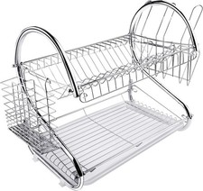 Two-Tier Stainless Steel Dish Rack with Drip Tray, Countertop Drainer, Silver