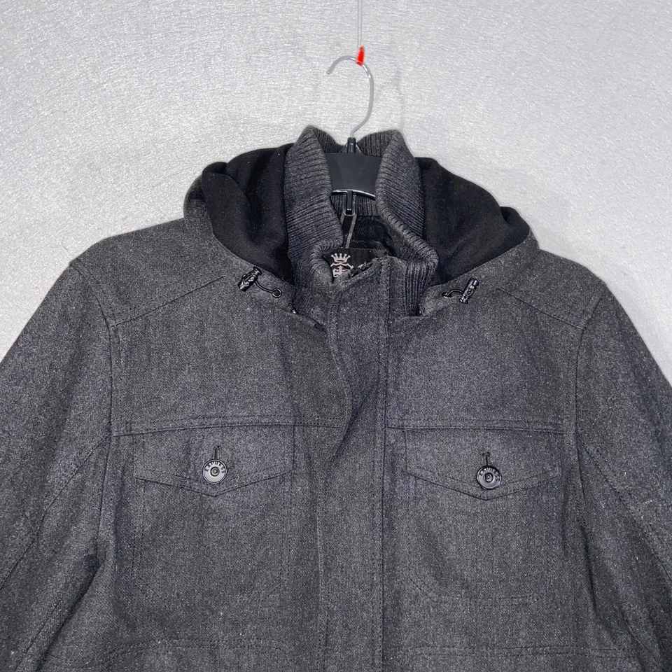 Casaco Express masculino grande cinza mistura de lã com capuz zíper completo botão frontal - Imagem 2 de 4