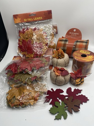 Lot of Fall Fake Leaves (304 Pcs), Mini Fabric Pumpkins (3), Wired Ribbon (2)