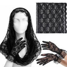 2 Pcs Lace Veil Black Veils Gloves for Church Catholic