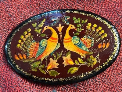 Vtg.  Hand Painted Russian Brooch with two Peacocks, original box