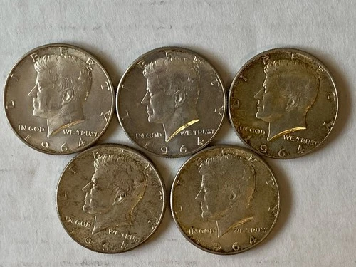 Lot of 5 1964 Kennedy Silver Half Dollars - 90% Silver Philadelphia Denver Mints