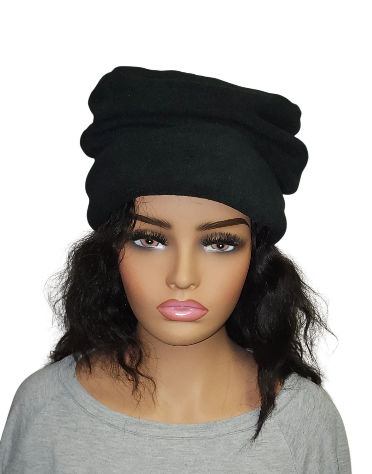 New Fleece Slouch Beanie Hat Black Checkered Pattern Made In USA Adult