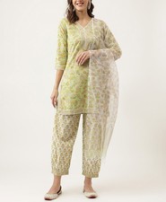 Green Floral Printed Cotton Straight Short Kurta Trouser Set with Dupatta Women