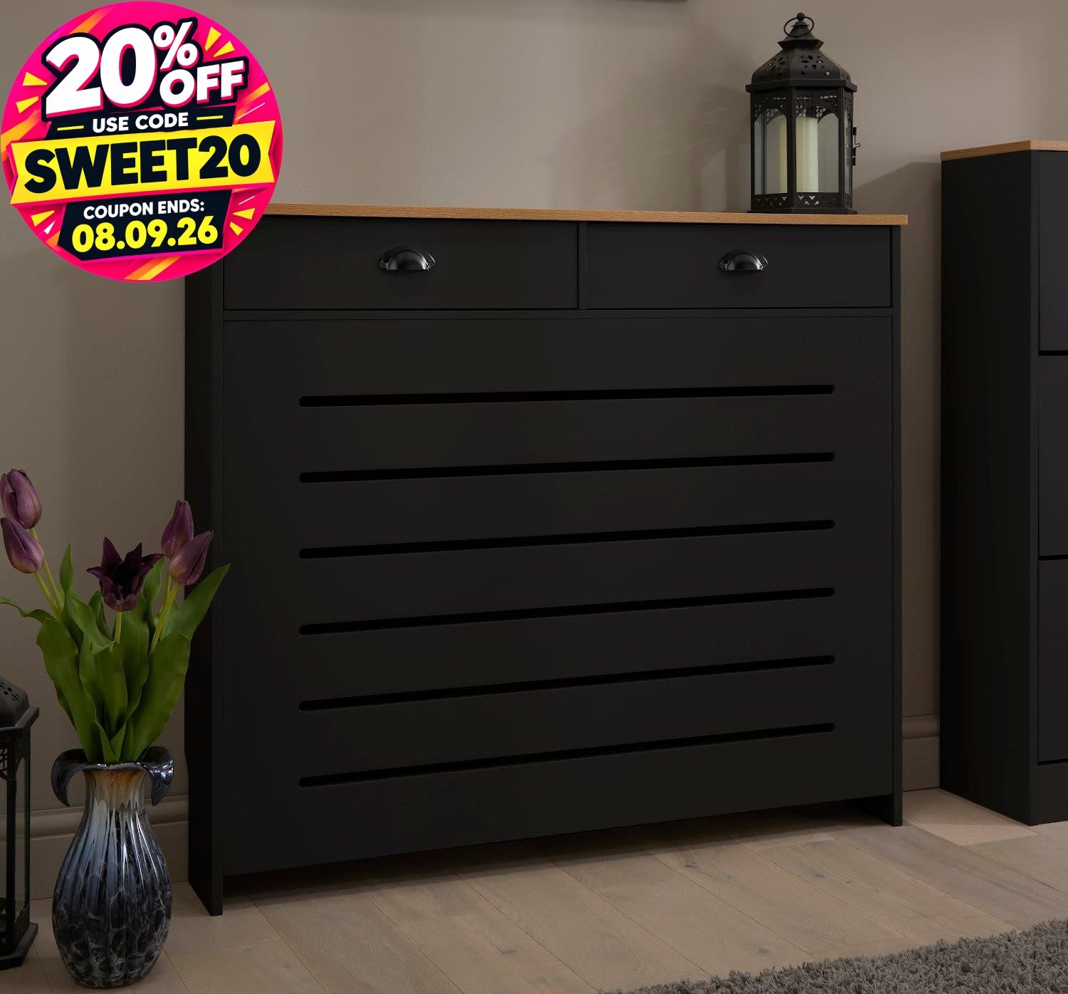 Black Radiator Cover Cabinet Traditional Modern MDF Wood Horizontal Shelf Medium