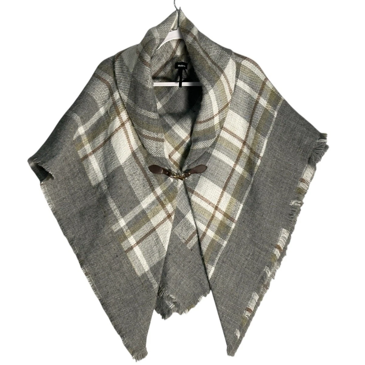 Modena One Size Plaid Blanket Cape Poncho Raw Hem Shawl Collar Clasp Shrug