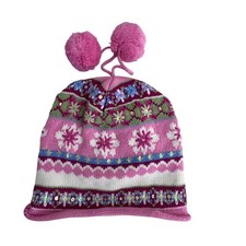 The Children's Place Beanie Hat Fair Isle Pom Pom Girls 7-8 Pink Boho Winter