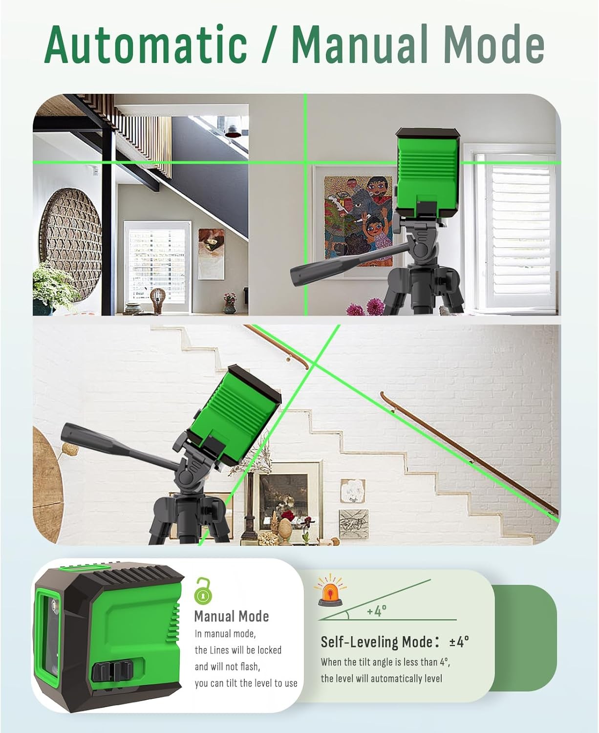 Laser Level with 50” Tripod, 360° Self Leveling Cross Line Laser Level, Green