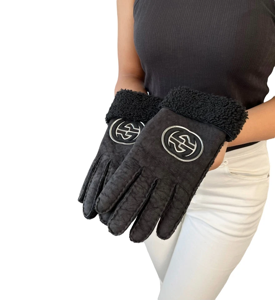 Guantes GUCCI Vintage GG Logotipo Entrelazado #7.5 Negro Plata Cuero RankAB Foto 2 de 4