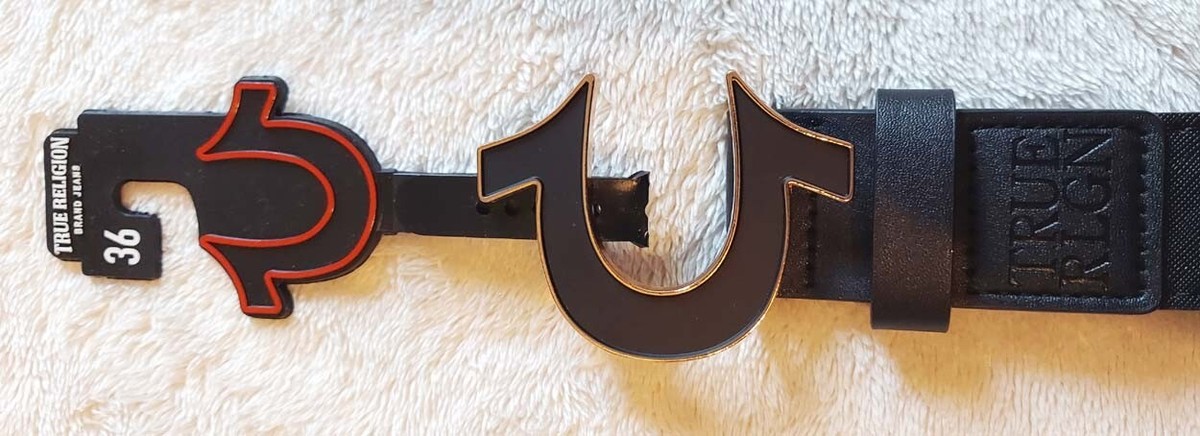 True Religion Mens Belt Size 36 Sage II Enamel Horseshoe Black