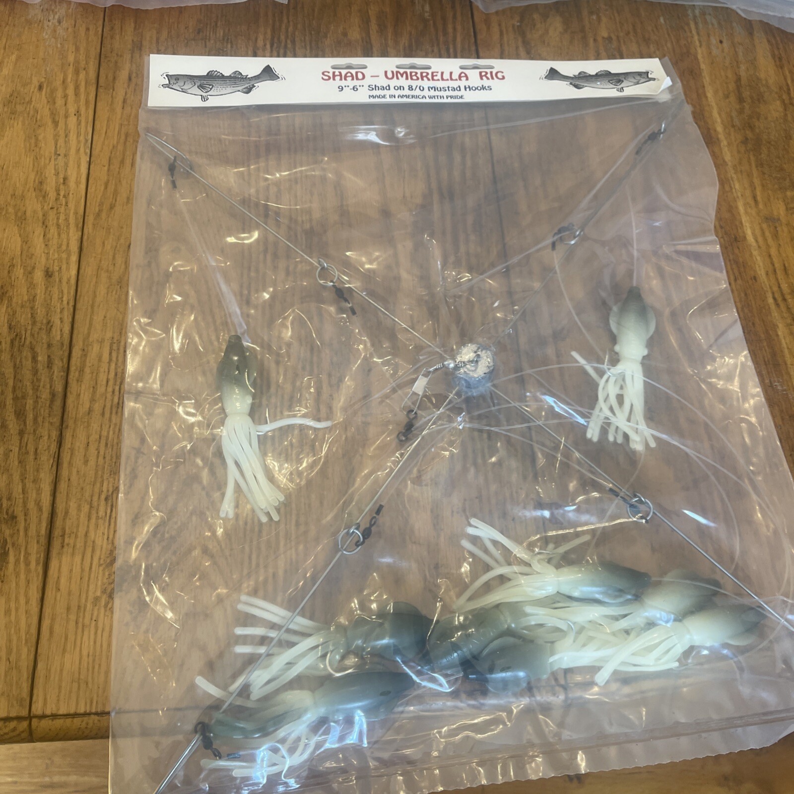 9” Umbrella Rig 4 Arm 11” With 5.5” Squid (9)  8/0 Mustad New Pkg Gray Glow New - Image 8