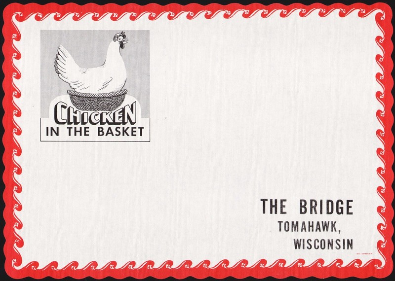 Vintage placemat THE BRIDGE Chicken In The Basket pictured Tomahawk Wisconsin