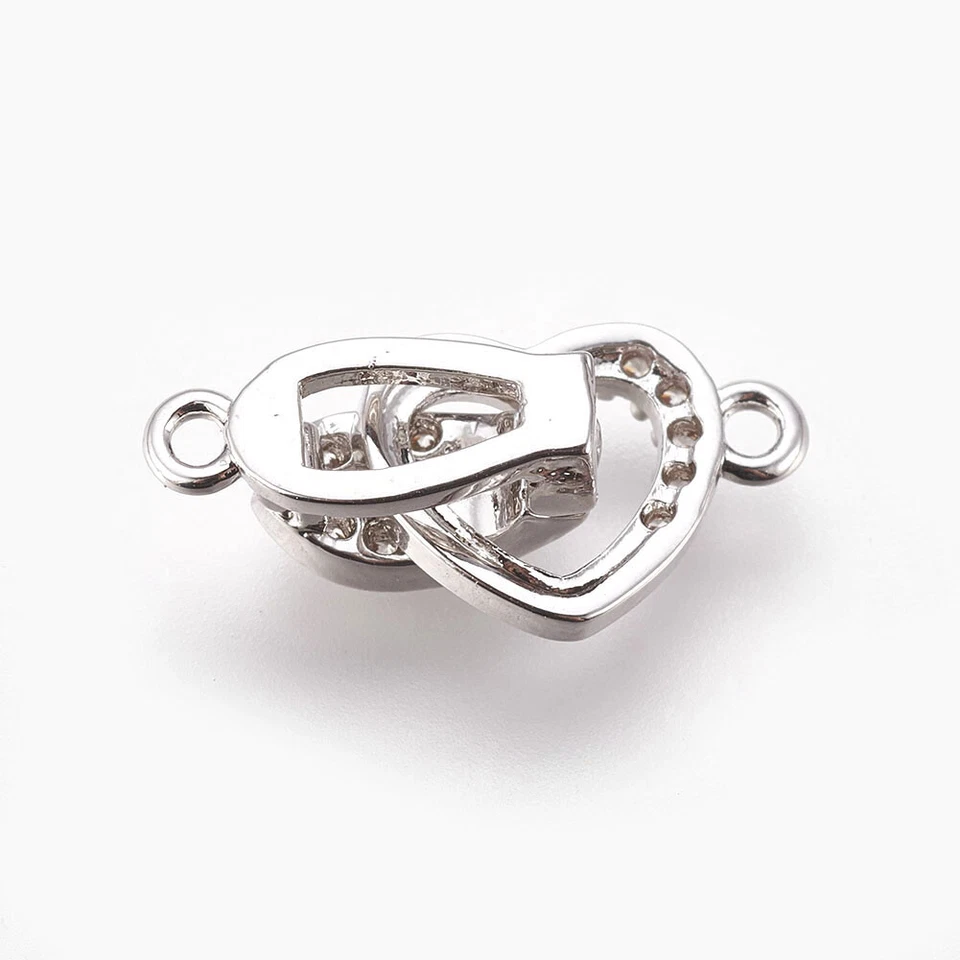 5 Sets Platinum Plated Brass Micro Pave CZ Fold Over Clasps Heart Findings 18mm - Image 3 of 3