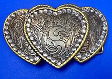 Three Hearts with Rhinestone Border Flower Swirl Ornate Western Belt Buckle
