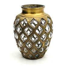 Vtg Hand Blown Bubble Glass and Etched Brass Net Heavy Baroque Rococo Vase 8.75"