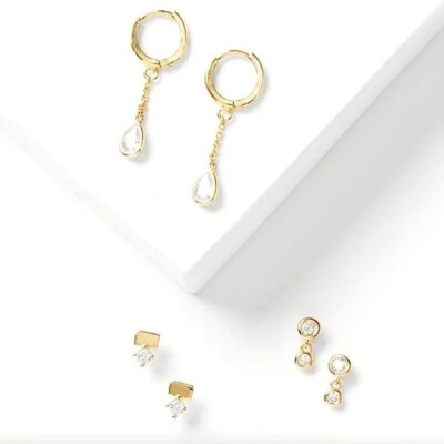 LOFT Demi-fine Earring Collection 24k gold plated - 3 pairs NEW on Card