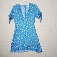 Zara Women Dress Small Blue Mini A-Line Pineapple Print Allover Short Sleeve