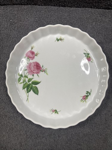 Christine Holm Porcelain Vintage 80's Pink Rose Fluted Quiche Flan Dish in Box - Picture 2 of 12