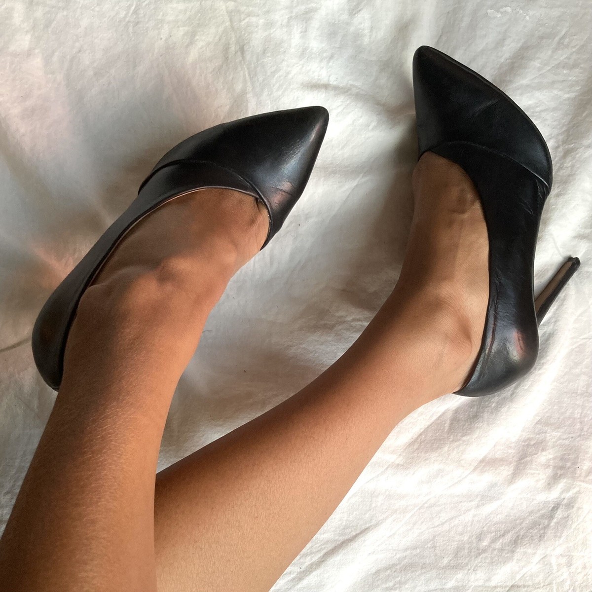 Women's Black Leather Asymmetric Pointed High Heels Court Shoes