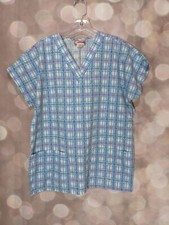 Women's Purple Blue  White Artistic Plaid Medical Scrub Shirt Size S