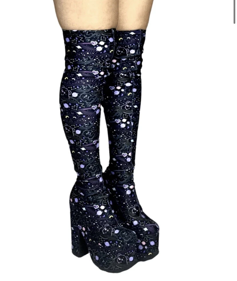 NEW YRU Care Bears Labyrinth Platform Thigh High Boots Cosmic Black Rainbow