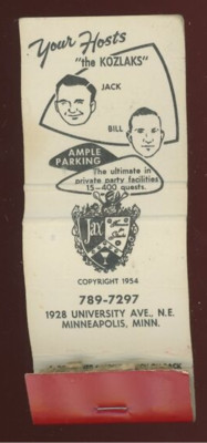 VINTAGE THE KOZLAKS PRIVATE PARTY FACILITIES MINNEAPOLIS MATCHBOOK COVER 23-42