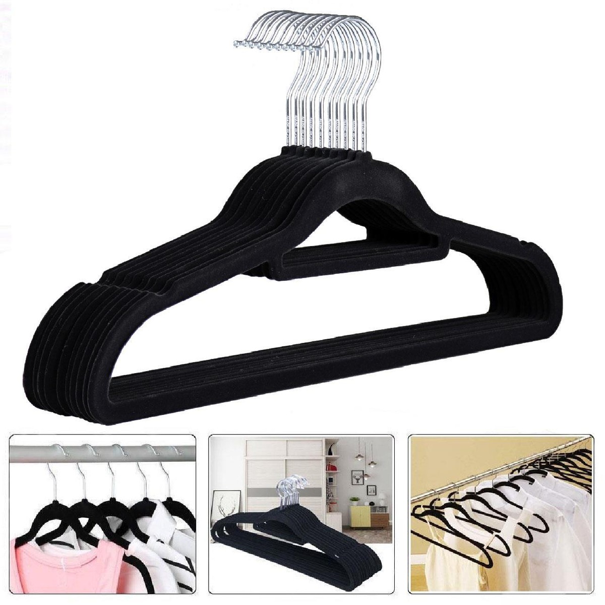 NON SLIP FLOCKED COAT CLOTHES HANGERS VELVET TROUSER HANGING SPACE SAVING  BLACK