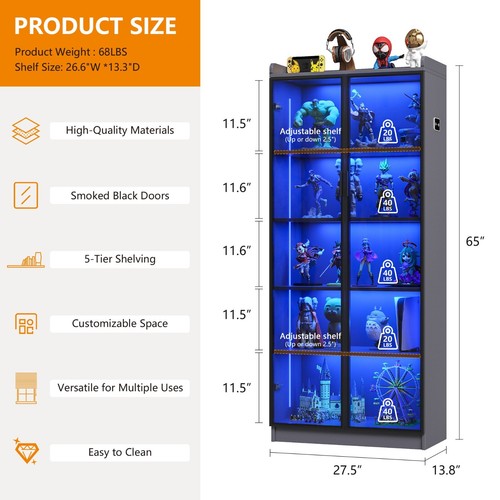 65"Tall Curio Cabinet with Doors and LED Lights, 5-Tier Adjustable display shelf - Picture 16 of 25
