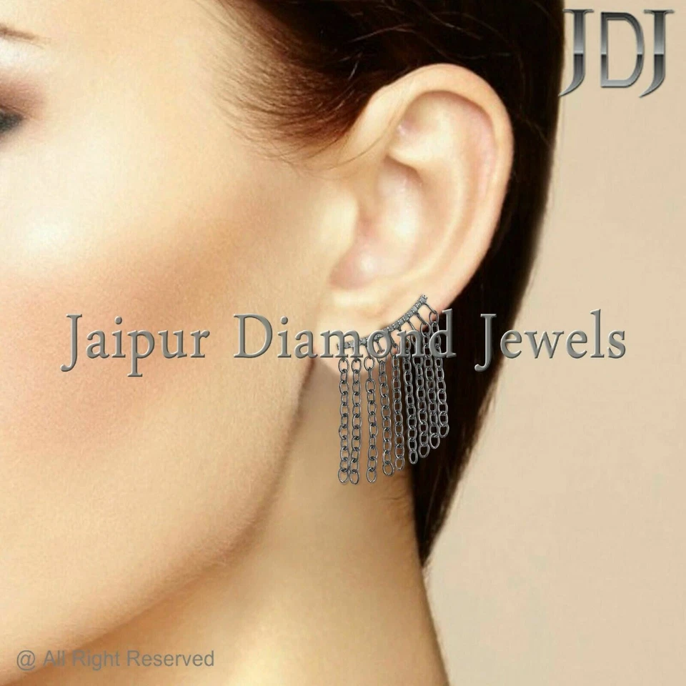 Natural Pavé de Diamante 925 Plata Ley Eslabón Cadena Pendientes Largos Joyería - Imagen 2 de 3