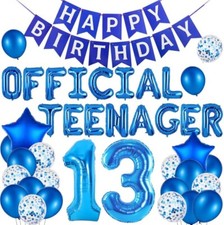 13th Birthday Decorations for Boys Blue Silver Official Teenager Balloons Banne