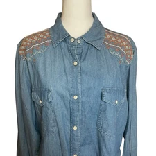 Wrangler Retro Boyfriend Style Embroidered Pearl Snap Chambray Top Large Western