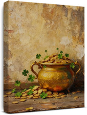 St. Patrick'S Day Wall Art Decoration, Golden Pot of Gold Shamrocks Canvas Wall