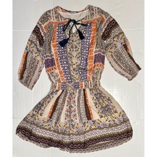 Sundance Boho Modal Patchwork Print Mini Dress PXS Smocked Waist Tassel Tie