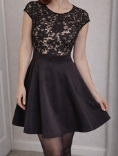 Lipsy London Black Lace Skater Dress UK 12 Open Back Party Prom Cocktail Fit & F