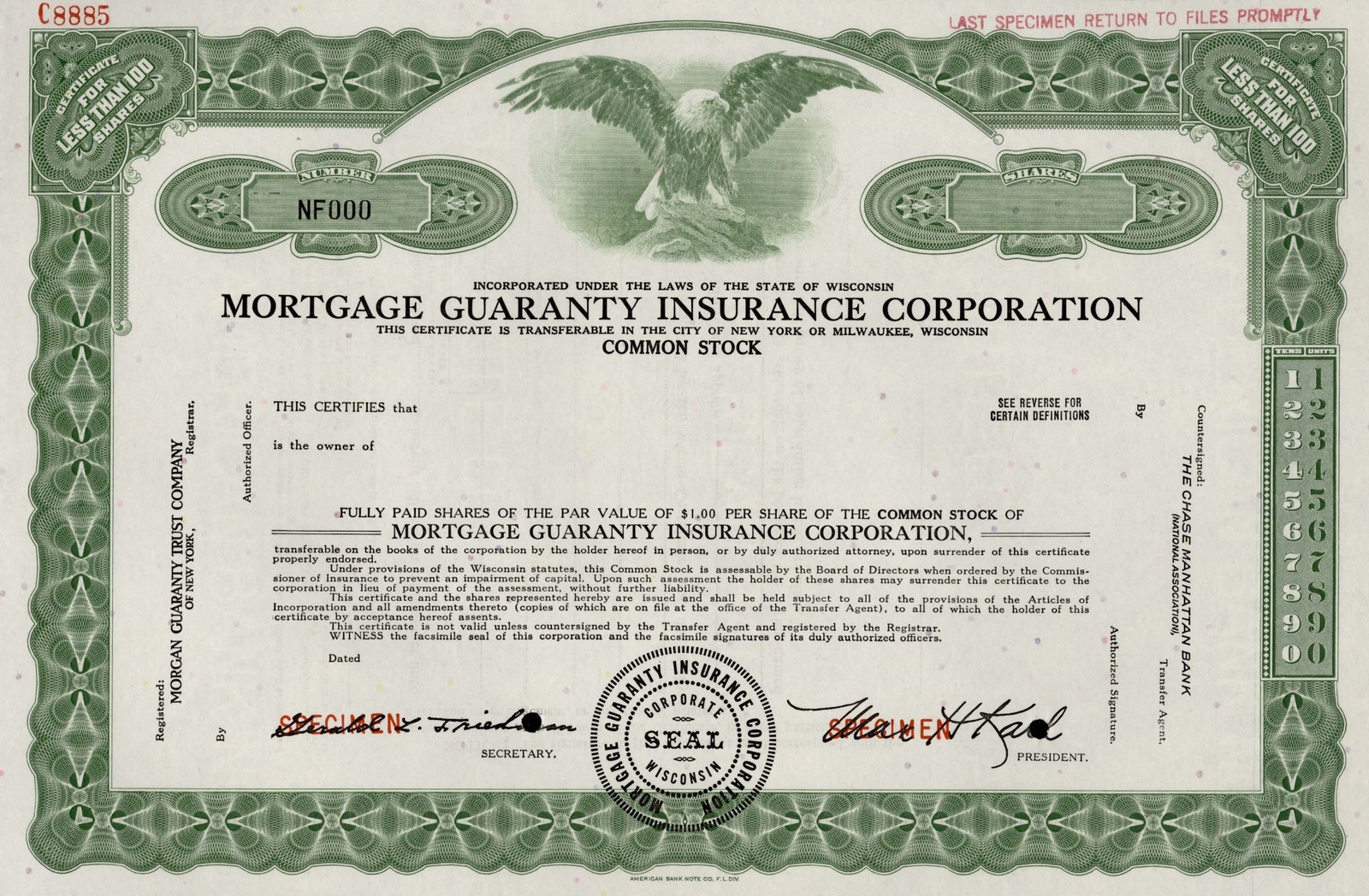 Mortgage Guaranty Insurance Corporation. Stock Certificate.