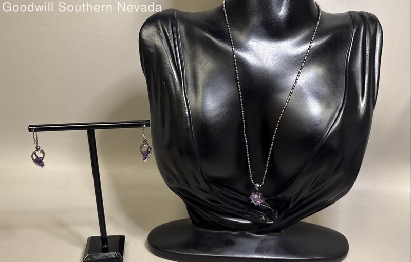 Sterling Silver Chain Solitaire Pendant Necklace & Earrings with Purple Stone