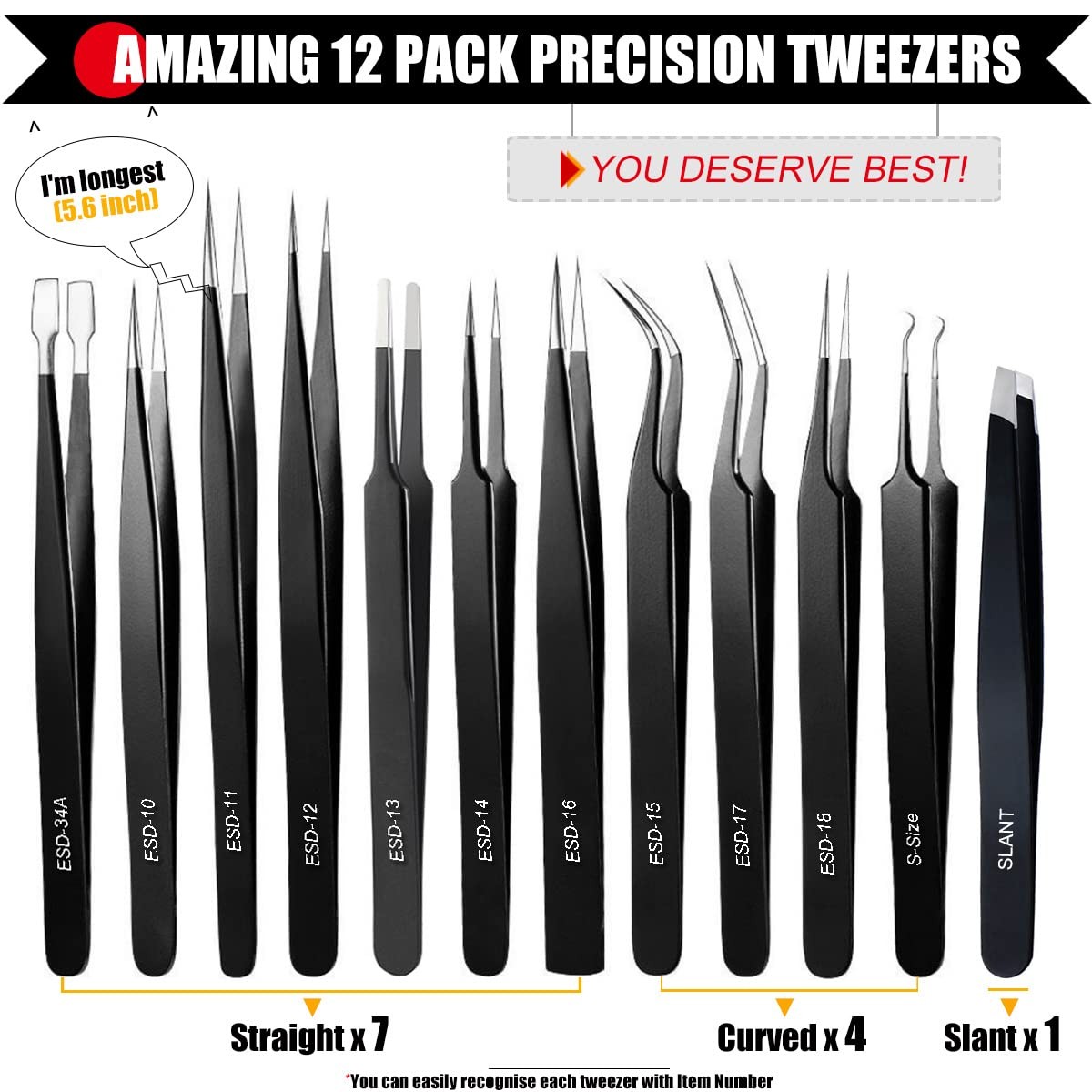 Antonki 12 Pack Precision Tweezers Set for Craft, Soldering, Jewelry, Facial ...