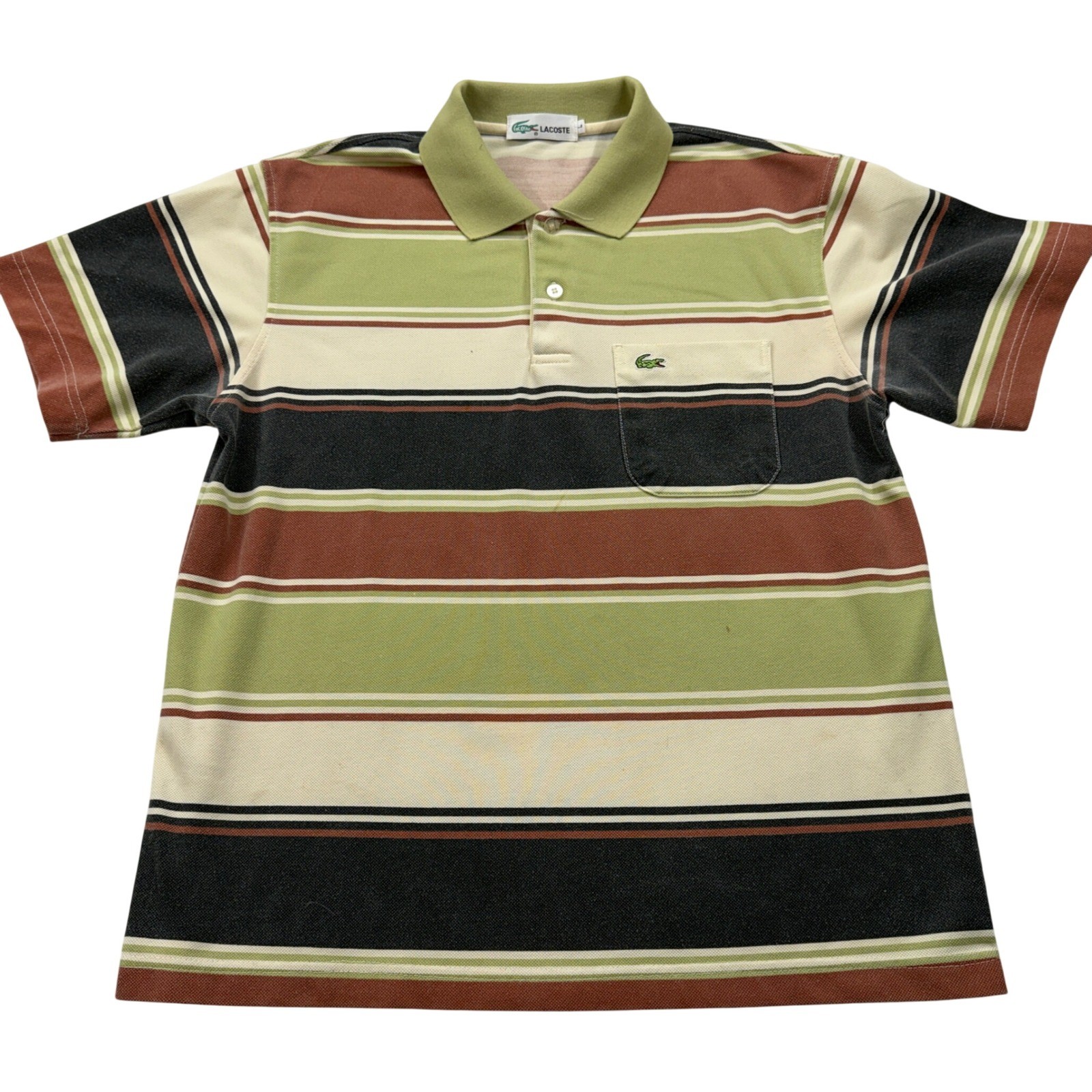 Lacoste Mens Striped Polo Shirt Short Sleeve Pocket Green Brown Black Size L VTG