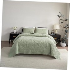 Cotton Quilt Size Green Bedding Set, Water-Washed 3-Piece Queen Green-leaf