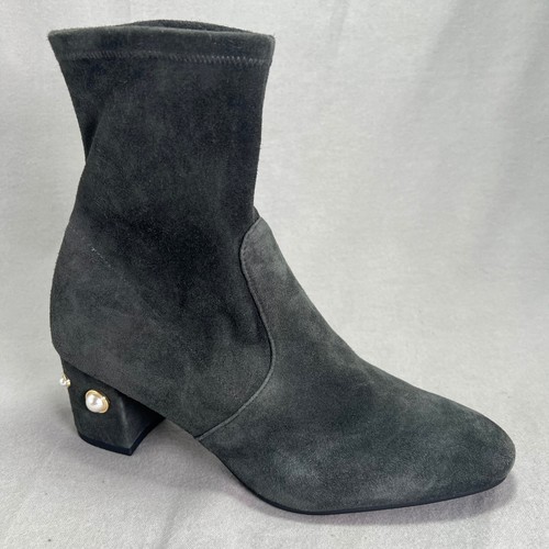 Stuart Weitzman Allshine 60 grau Wildleder Perlenabsatz Socke Booties Stiefeletten 7,5