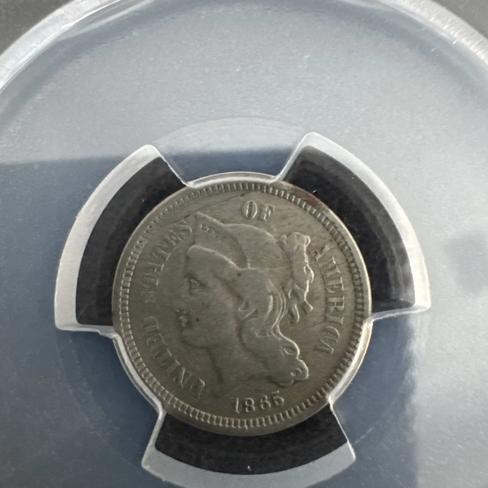 1865 3 Cent Nickel PCGS GENUINE CLEANED- F Details Obverse Lamination Mint Error - Image 3 of 4