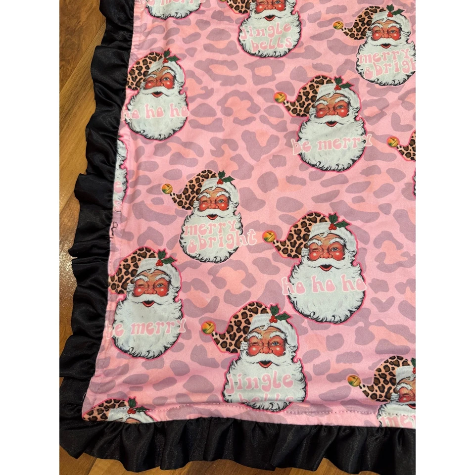 Manta de bebé rosa leopardo Santa borde con volantes negro Navidad vacaciones asiento de coche cuna Foto 3 de 4