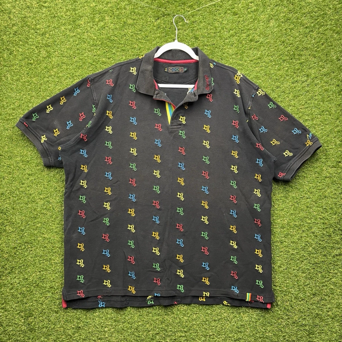 COOGI Polo Shirt Mens 2XL Black Rainbow Embroidery Button Up AOP